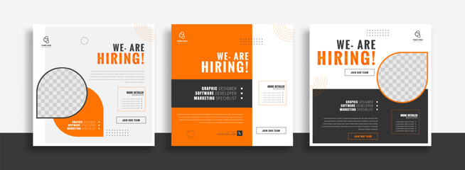 We are hiring job vacancy social media post banner design template with orange and white color. We are hiring job vacancy square web banner design.