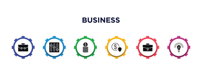 business filled icons with infographic template. glyph icons such as rectangular briefcase, tones, dollar coins stack, safe money, business briefcase, round light bulb vector.