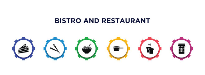 bistro and restaurant filled icons with infographic template. glyph icons such as cake piece with cream, chopsticks, spaghetti bolognese, lateral pan, load of bread, mermelade jar vector.