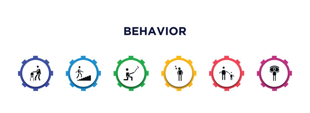 behavior filled icons with infographic template. glyph icons such as old man with cane, climbing stairs, man selfie, man snoozing, child with banner vector.