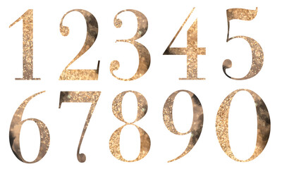 Set of gold numbers, isolated illustration on white background, for wedding monogram, greeting cards, logo