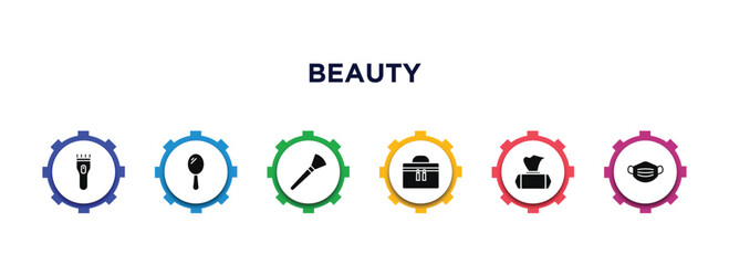 beauty filled icons with infographic template. glyph icons such as hair clipper, hand mirror, inclined makeup brush, big makeup box, wet wipes, face mask vector.