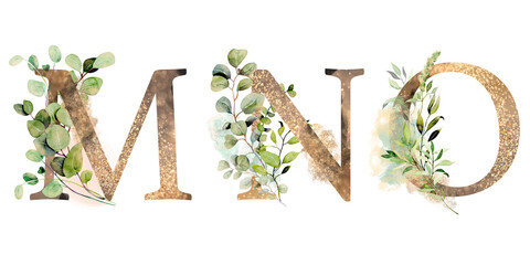 Set of gold letters with watercolor eucalyptus and greenery branches, isolated illustration on white background, for wedding monogram, greeting cards, logo © nastyasklyarova