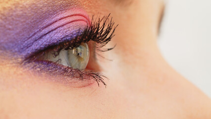Close-up of a woman's eye with bright shiny makeup.  The blinking eye of a girl in profile....