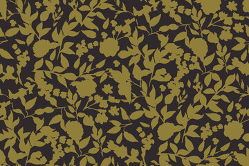 bicolor contour silhouette seamless pattern with flowers and leaves. Abstract floral spring, summer pattern.