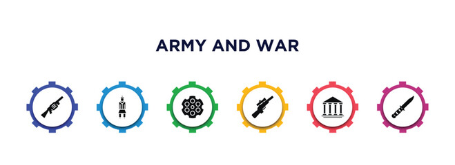 army and war filled icons with infographic template. glyph icons such as grenade launcher, , chamber, rifle, federal agency, combat knife vector.