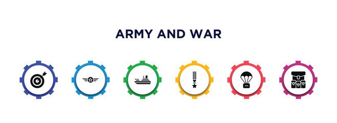 army and war filled icons with infographic template. glyph icons such as target, air force, militar ship, militaty medal, parachute, army backpack vector.