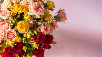 Delicate bouquet of roses on a pink background.