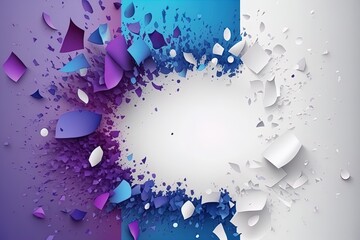 Abstract background with blue purple white particles explosion with empty space.