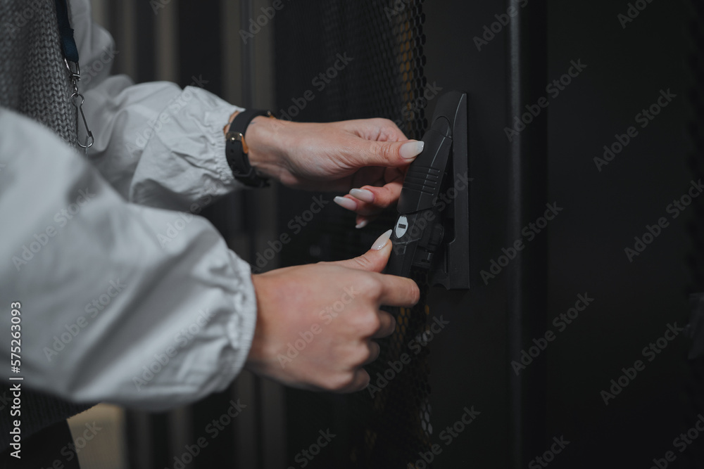 Poster Entrance, hands and worker opening a server room for cyber security, programming and coding. Programmer, business and technician entering an office for hardware, database and cloud computing