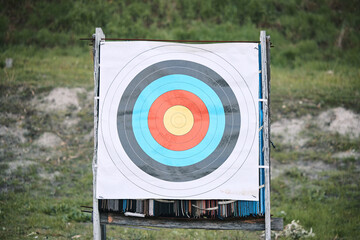 Bullseye target paper, outdoor and board at shooting range for weapon training, aim and accuracy....
