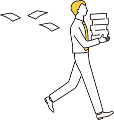 山積みの資料を持って走るビジネスマン