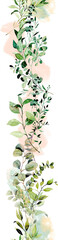 Vertical seamless border of watercolor greenery and eucalyptus branches, illustration on a white background