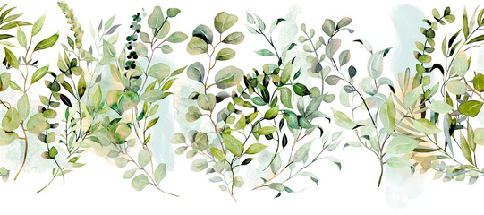 Horizontal seamless border of watercolor greenery and eucalyptus branches