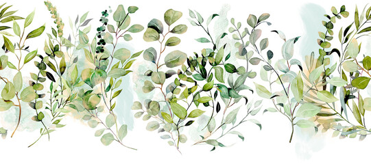 Horizontal seamless border of watercolor greenery and eucalyptus branches © nastyasklyarova