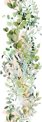 Vertical seamless border of watercolor greenery and eucalyptus branches, illustration on a white background