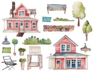 Set of watercolor red wooden farmhouses, trees and garden elements, isolated illustration on white background - 575264027
