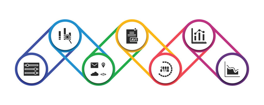 user interface filled icons with infographic template. glyph icons such as data analysis, avi extension, data analytics bars, tings interface, the of, binary code loading, multiple variable lines