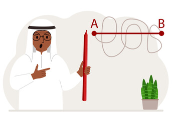 A man with a red pencil in his hand. A line is drawn from point A to point B, a straight and difficult path, the shortest distance to the goal, an easy or short path to success in business and life.