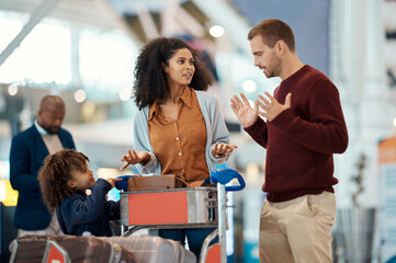 Conflict, travel and interracial family with a problem at airport, flight delay and trouble. Fight,...