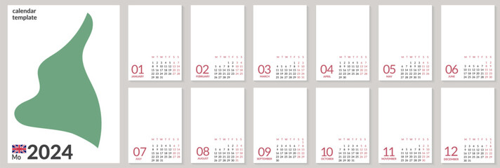 Vertical wall calendar template for 2024 year. Set of 12 months. Week starts on Monday. Planner in minimalist style with place for photo. Vector corporate and business calender page A4 A5 template