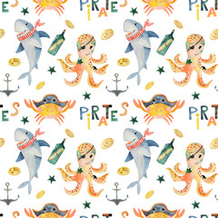 Seamless pattern of watercolor funny animals pirates (shark, octopus, crab), illustration on white background