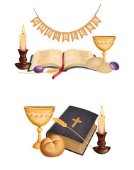 Religious clipart, illustration of a Bible,  candle and other religious elements; first communion clipart - 575264643