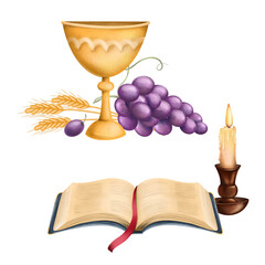 Religious clipart, illustration of a Bible, candle and other religious elements; first communion clipart - 575264667