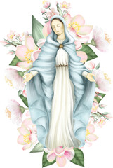 Illustration of Virgin Mary and spring apple blossom flowers, isolated illustration on white background, Easter graphic - 575264690