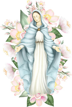 recommend clip art: Illustration of Virgin Mary and spring apple blossom flowers, isolated illustration on white background, Easter graphic