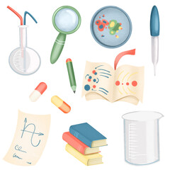 Set of graphic elements on the science theme (medicine, biology, chemistry, physics), isolated science icons on white background, science clipart
