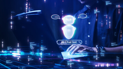 The concept of a person using a computer connected to AI Chatbot technology to help process the required information. artificial intelligence intelligent assistant in cyber consulting inquiries.