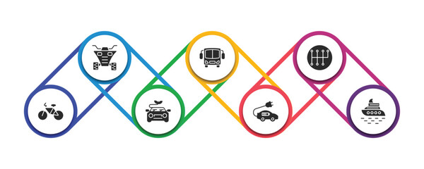 transportation filled icons with infographic template. glyph icons such as quad, bus, gear box, bicycle, hybrid car, electro car, yacht vector.