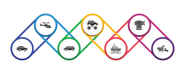 transportation filled icons with infographic template. glyph icons such as helicopter profile, monster truck, zeppelin, sedan, minivan, cruiser, haul vector. © IconArt