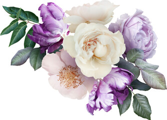 Bouquet of soft lilac roses and purple tulips isolated on a transparent background. Png file. ...