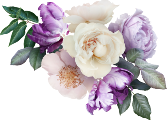 Bouquet of soft lilac roses and purple tulips isolated on a transparent background. Png file.  Floral arrangement. . Can be used for invitations, greeting, wedding card.