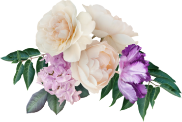 Bouquet of lilac, white roses and purple tulip isolated on a transparent background. Png file.  Floral arrangement. . Can be used for invitations, greeting, wedding card.