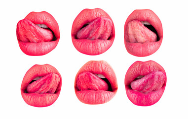 Sexy tongue and lips. Set of female lips on white isolated background, clipping path. Collection of mouth with red lip.