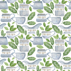 Watercolor hand drawn seamless pattern with porcelain and gold coffee cups, leaves, creamer, jar, daisy. Isolated on white background. Invitations, cafe, restaurant food menu, print, website, cards