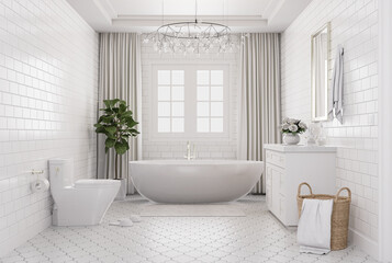Modern luxurious bathroom with white brick pattern tile walls 3d render Decorated with glass chandelier