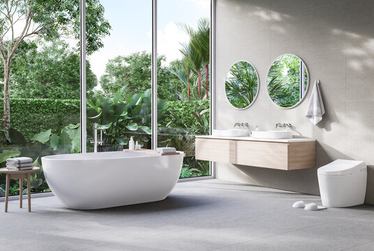 Modern contemporary loft style bathroom with tropical style nature view 3d render,There are concrete tile floor and wall decorated with wooden sink counter and circle mirror
