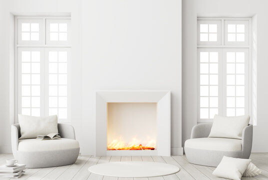 Modern style white living room Furnished with a minimal fireplace with flames and white fabric lounge chair 3d render The room has a parquet floor and white window overlooking bright background