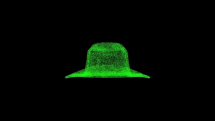3D cowboy hat on black bg. Object dissolved green flickering particles. Business advertising backdrop. Science concept. For title, text, presentation. 3D animation.