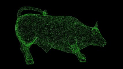 3D angry ferocious bull on black bg. Object dissolved green flickering particles. Business advertising backdrop. Science concept. For title, text, presentation. 3D animation.