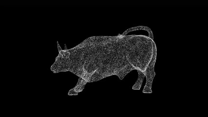 3D angry ferocious bull on black bg. Object dissolved white flickering particles. Business advertising backdrop. Science concept. For title, text, presentation. 3D animation