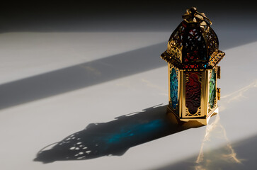 Golden lantern with shadow from dusk light for the Muslim feast of the holy month of Ramadan Kareem.