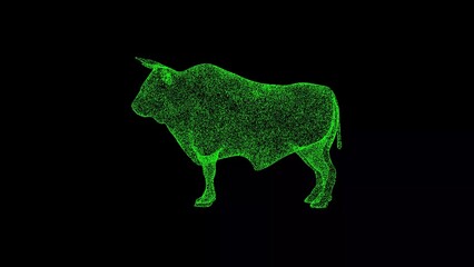 3D bull on black bg. Object dissolved green flickering particles. Business advertising backdrop. Science concept. For title, text, presentation. 3D animation.