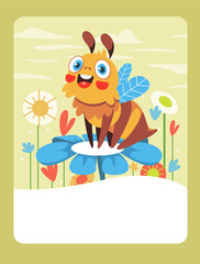 Vector illustration of a bee on a flower. It can be used as a playing card, for the development and education of children.