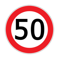 Speed limit 50 km h. Vector illustration of red round traffic sign. Circle road sign with number 50 kmh. Legal maximum speed symbol. Flat style design isolated on white background.