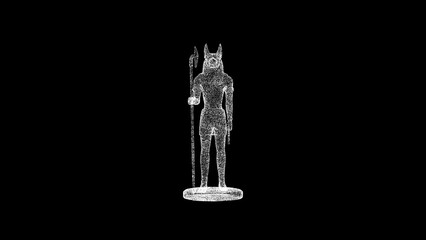 3D statue of Anubis on black bg. Object dissolved white flickering particles. Business advertising backdrop. Science concept. For title, text, presentation. 3D animation